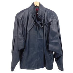 Vintage Kelli Kouri Womens Soft Leather Bomber Jacket Size M Navy Oversized Edgy